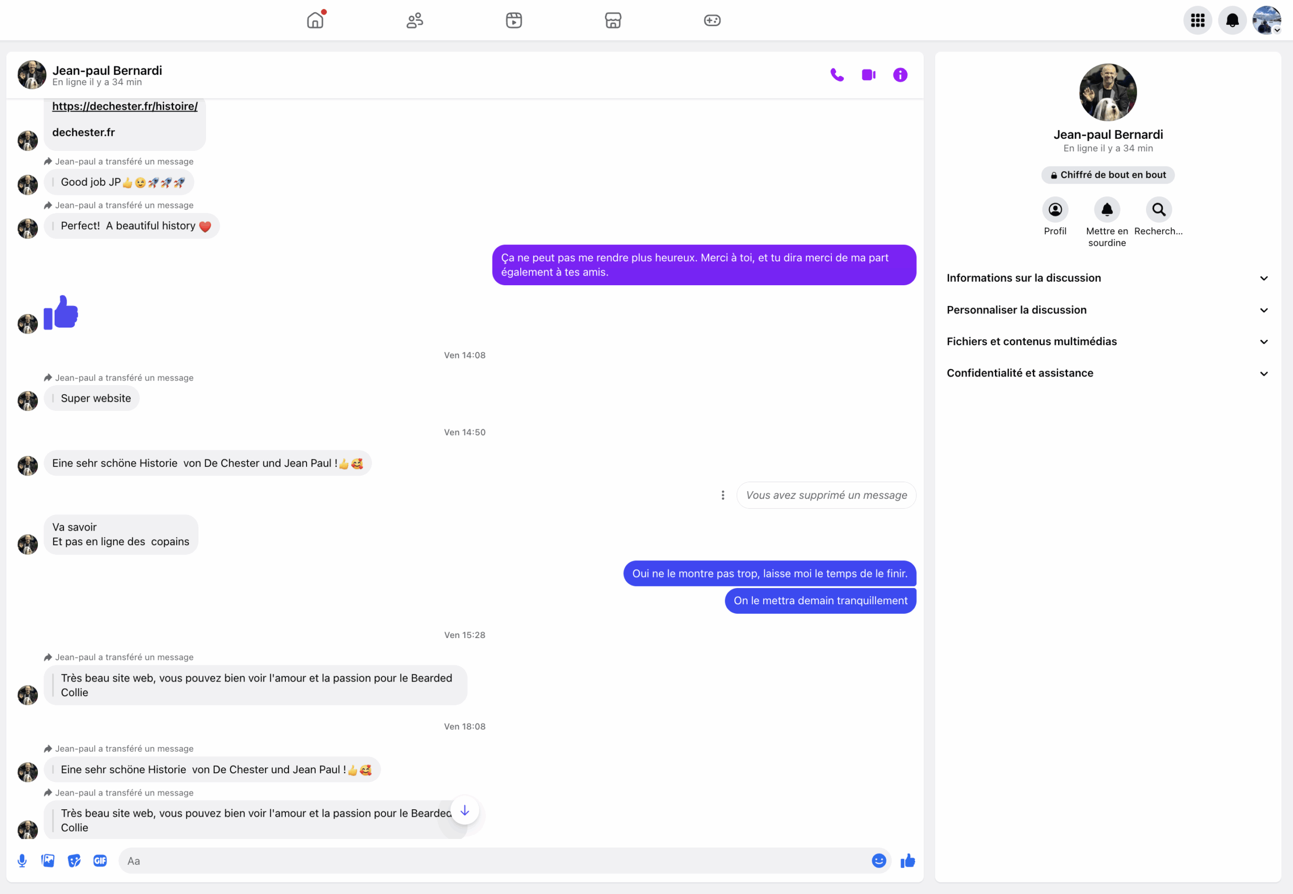 Conversation Messenger - Retours internationaux des éleveurs sur le site De Chester