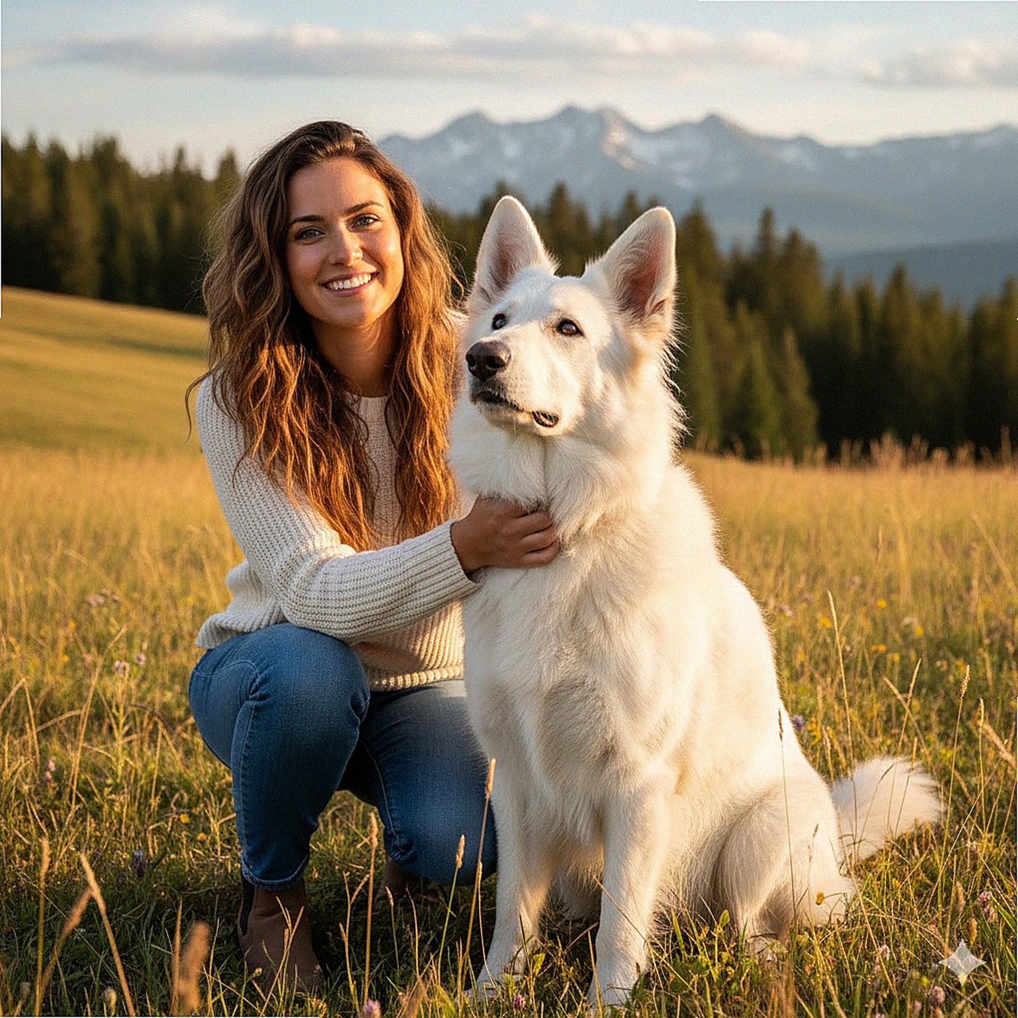 Sophie Mercier éleveuse de Berger Blanc Suisse avec chien adulte dans les Alpes, élevage LOF premium