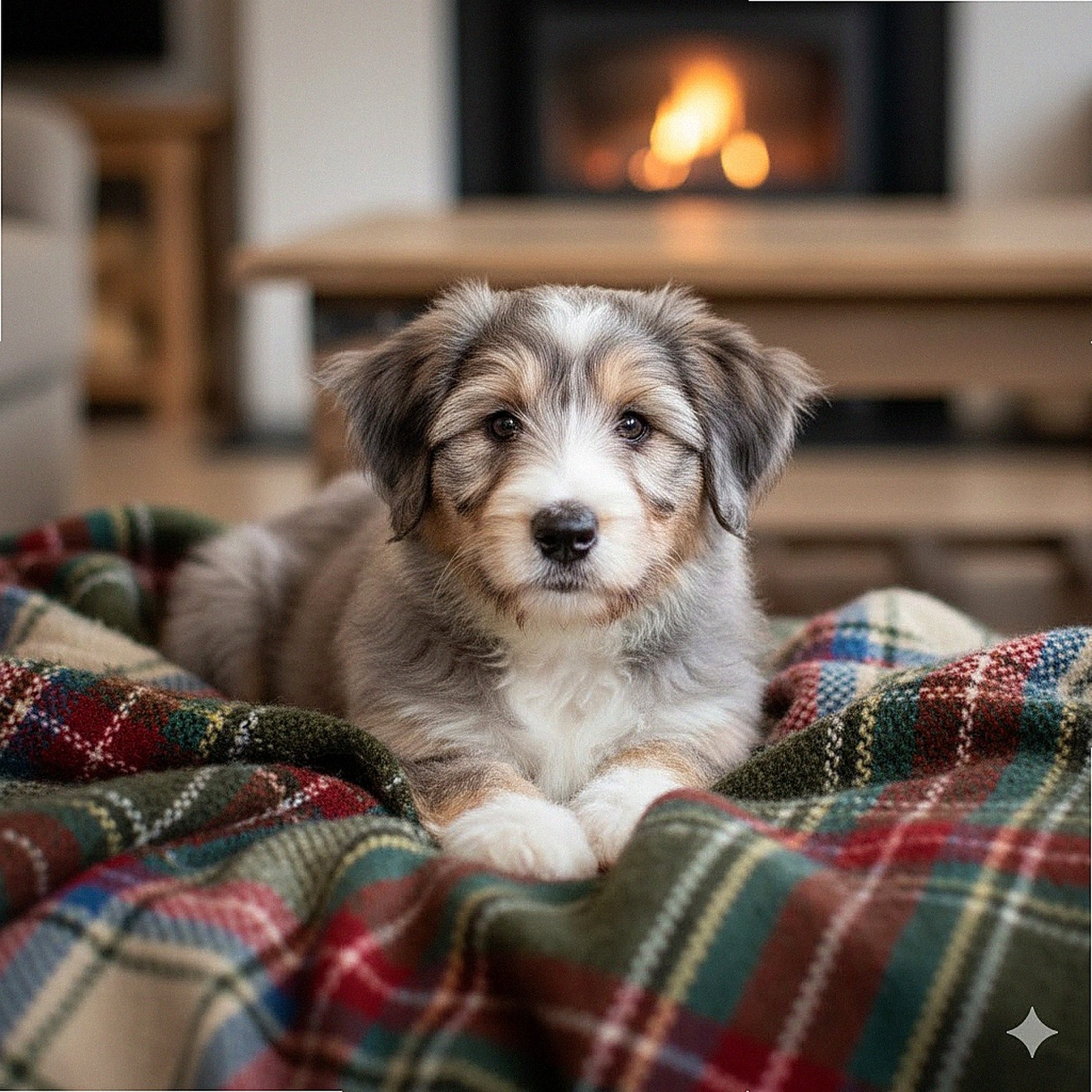 Chiot Bearded Collie femelle Alba de 3 mois sur plaid écossais, élevage familial avec pedigree LOOF