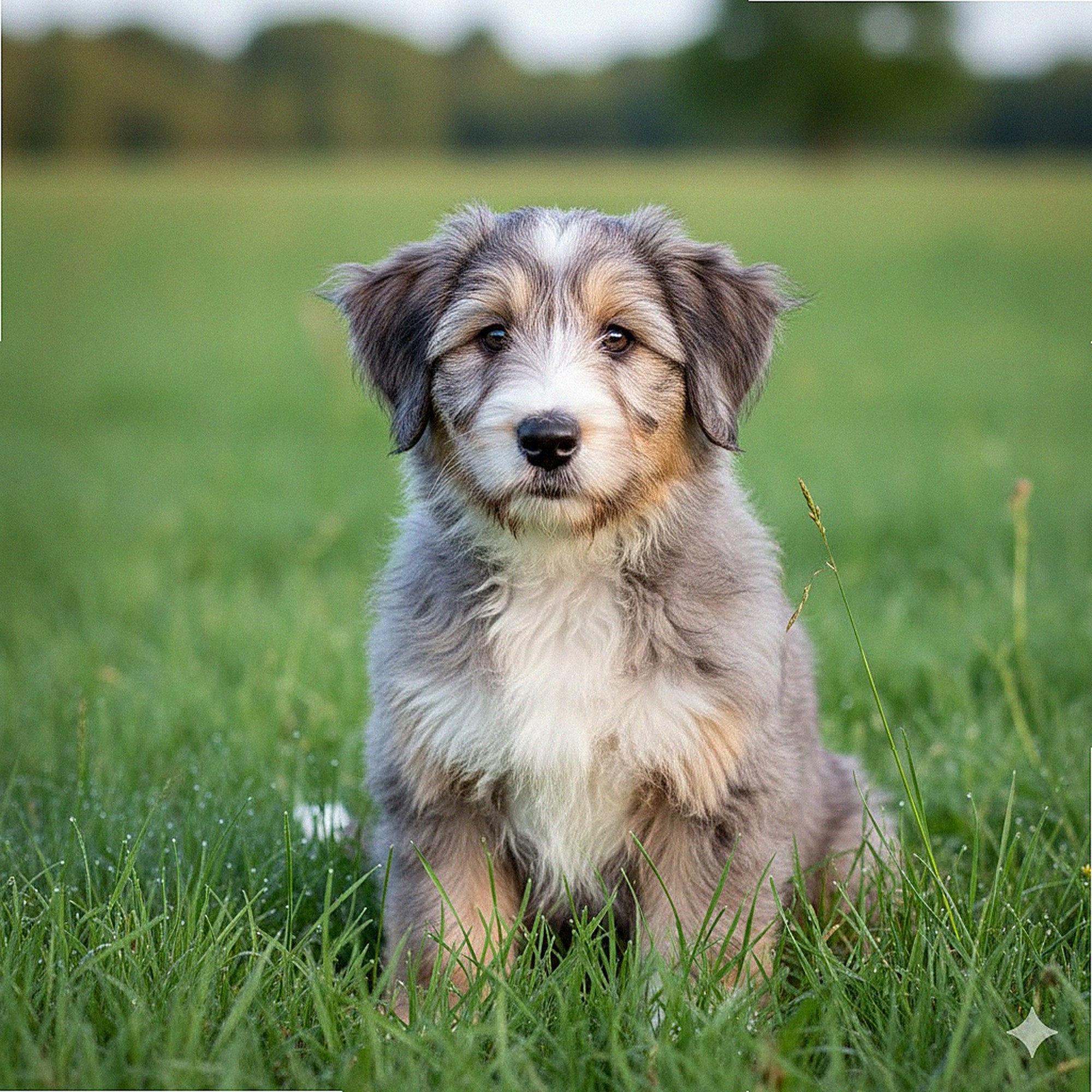 Chiot Bearded Collie mâle Highland de 3 mois dans l&#039;herbe, élevage professionnel français LOF